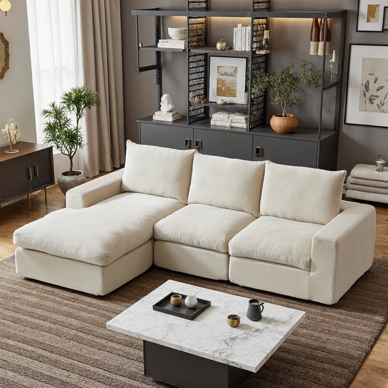 Canapé modulaire en velours côtelé en L 99 po avec méridienne et coussins - aucun assemblage requis, Beige