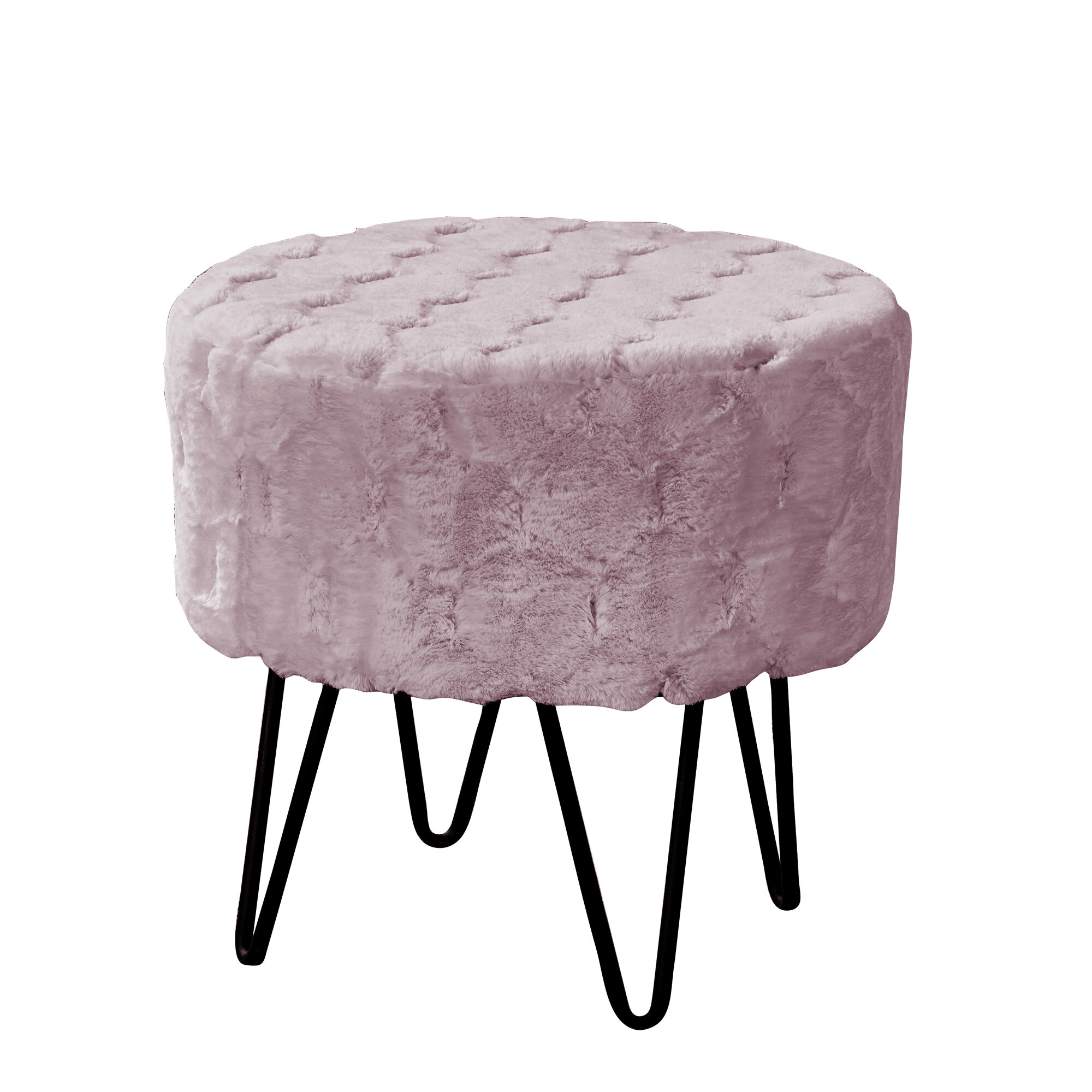 Faux Fur Round Footstool- Soft Compact Padded Seat with 4 Wooden Legs Ottoman-Pink