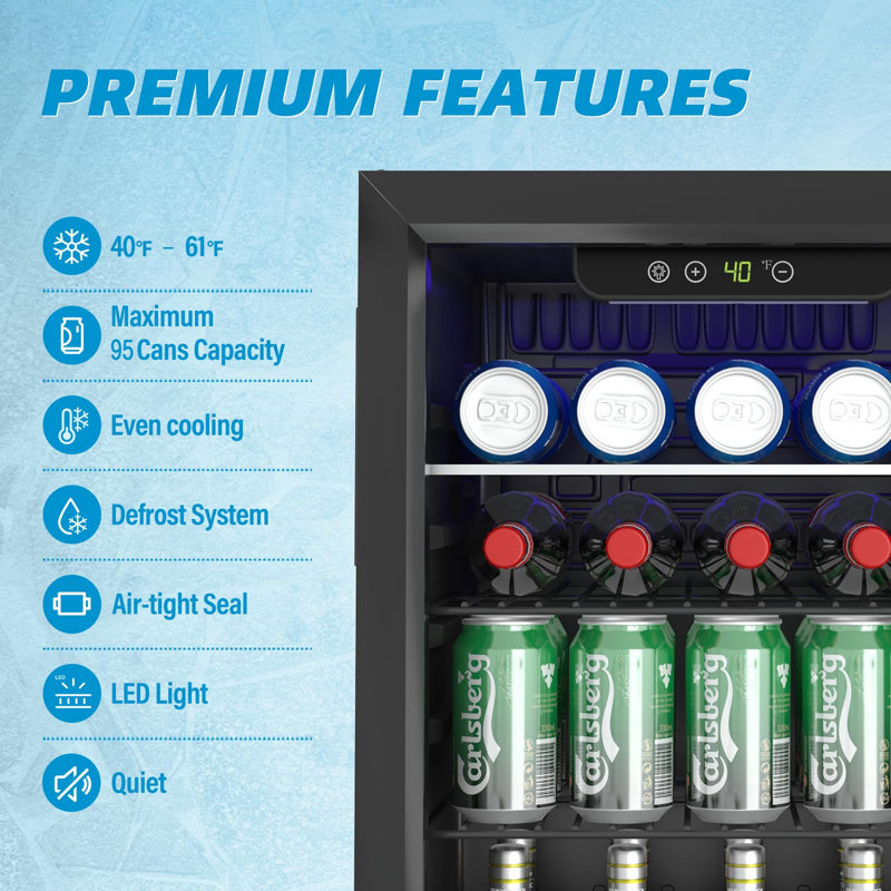 Réfrigérateur à boissons Erivess, mini-réfrigérateur de 95 canettes / 2,6 pieds cubes avec thermostat numérique, porte en verre et tablette réglable, petit réfrigérateur à boissons autoportant pour bière, soda, vin, compact pour la maison, dortoir, bar, bureau, noir
