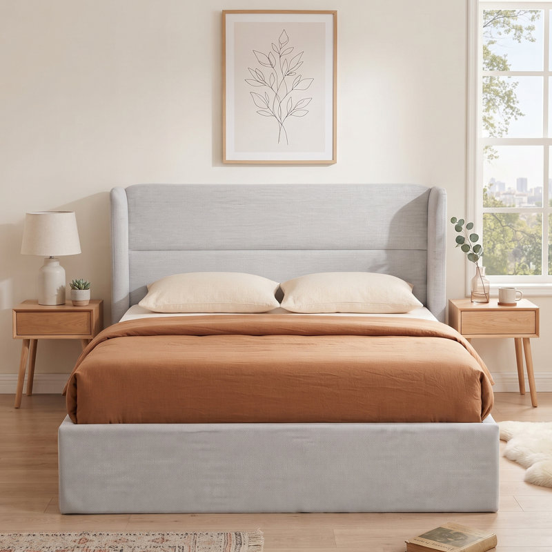 Annek Upholstered Bed Frame with Lift Up Storage, 40.9"H Wingback Headboard, Wood Slats & Metal Frame, Multiple Sizes & Fabric Options Available