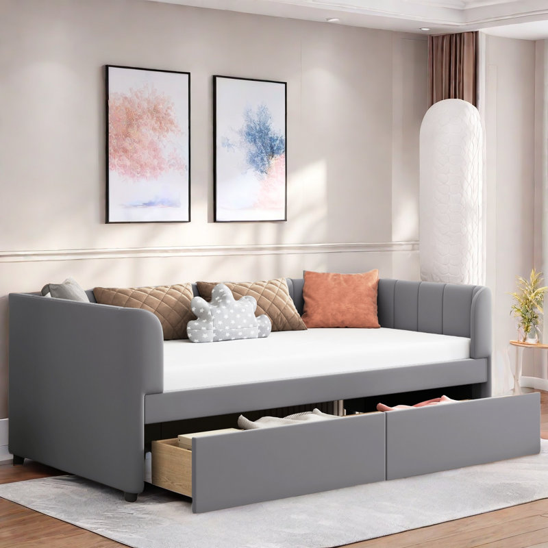 Upholstered Daybed With Ergonomic Design Backrest And 2 Drawers, Gray