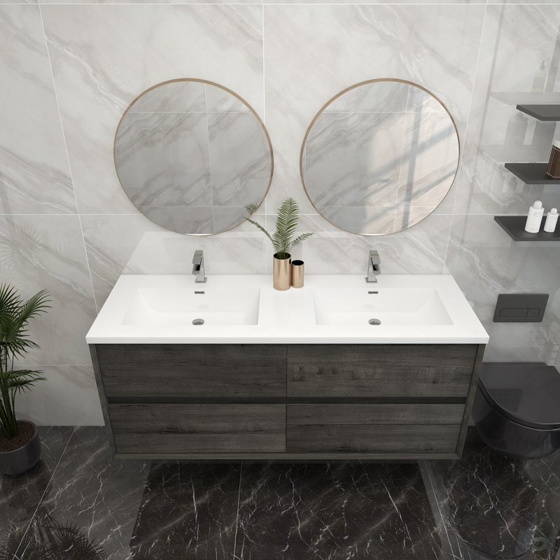 Meuble-lavabo double 60 po, Chêne fumé