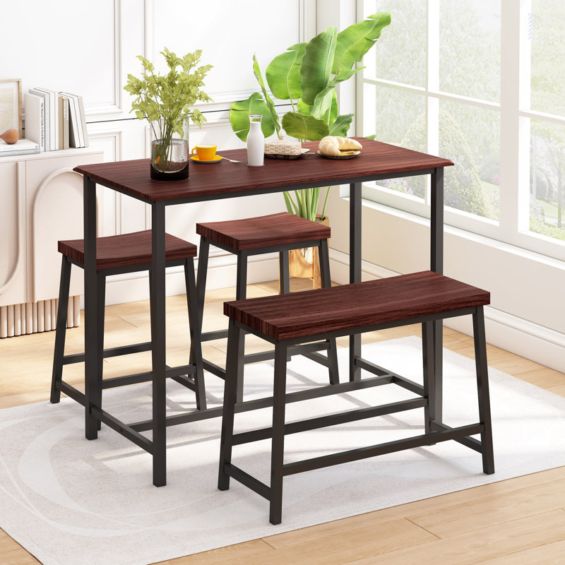 Ensemble de table de salle à manger 4 pièces avec structure en métal et 2 tabourets + 1 banc, Brun