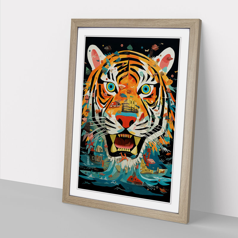 Tiger Dadaism - Single Picture Frame Print on Wood, 46cm H x 34cm W x 2cm D, Oak