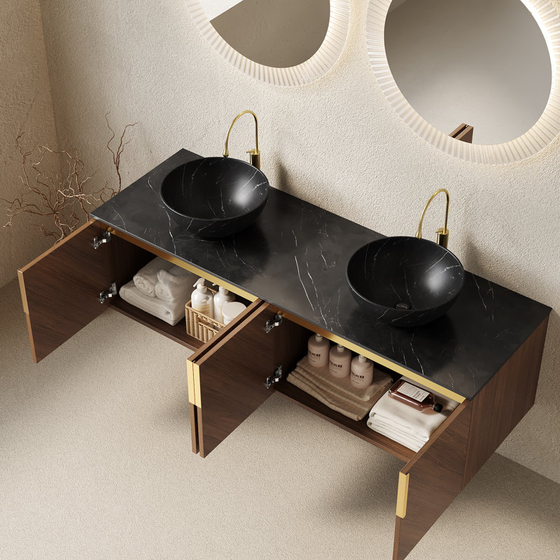 Meuble-lavabo flottant avec lavabo vasque, bol, 60", Céramique noire