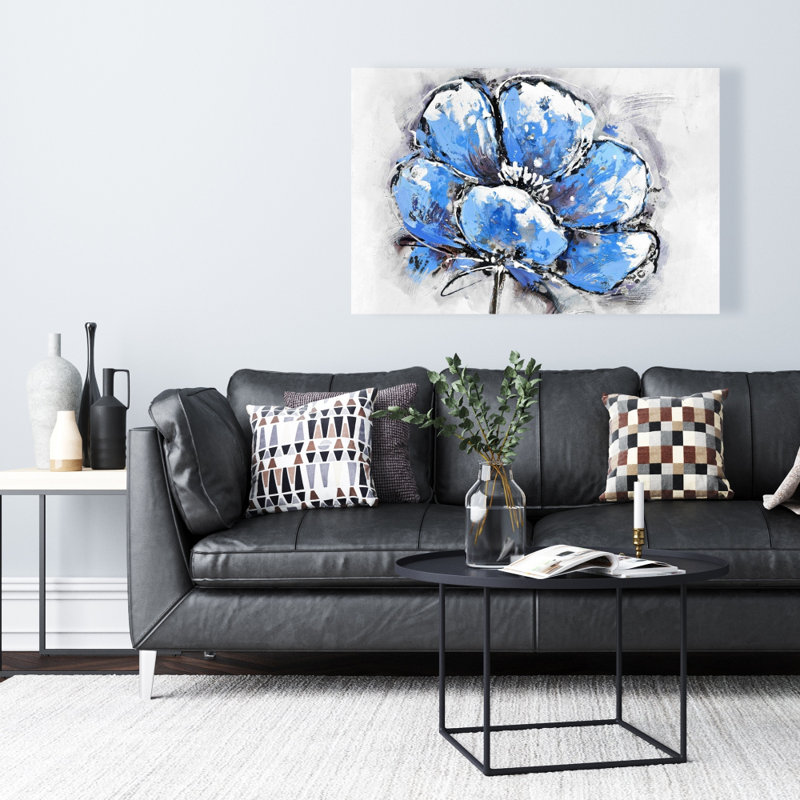 Pétales bleus abstraits - art floral sur toile pour la décoration intérieure, H 36 po x l 24 po, Bleu / blanc / gris