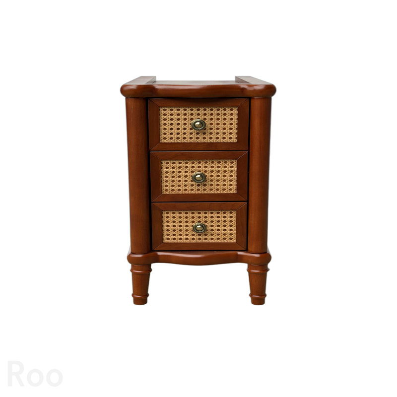 Solid Wood Rattan Narrow Side Table with 3 Drawers - Light Walnut
