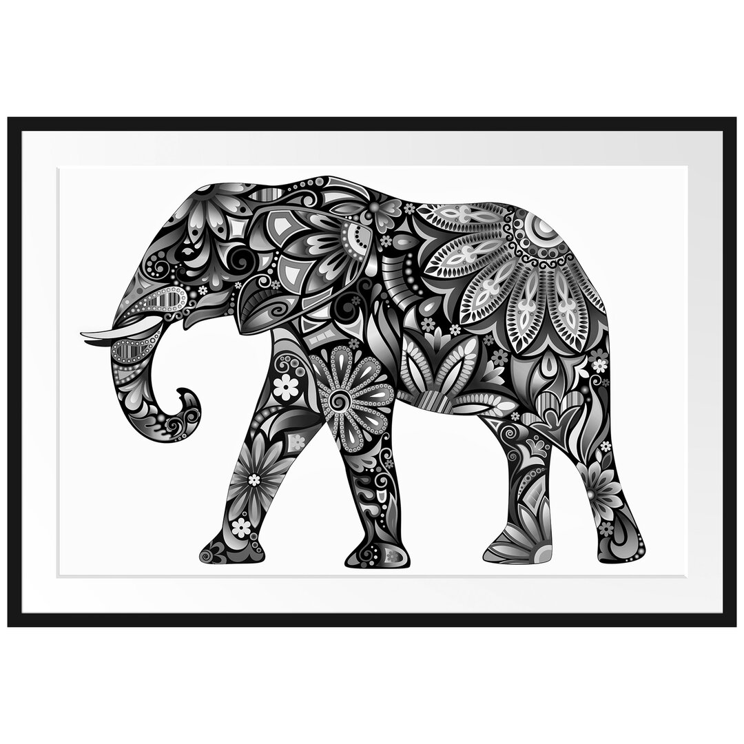 Gerahmtes Poster Elefant mit Ornamenten