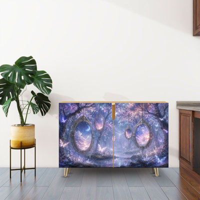 Sideboard Buffet Cabinet with Storage Enchanting Fantasy Forest Hanging Mirrors Glowing Butterflies Twilight with 2 Doors for Living Room and Kitchen