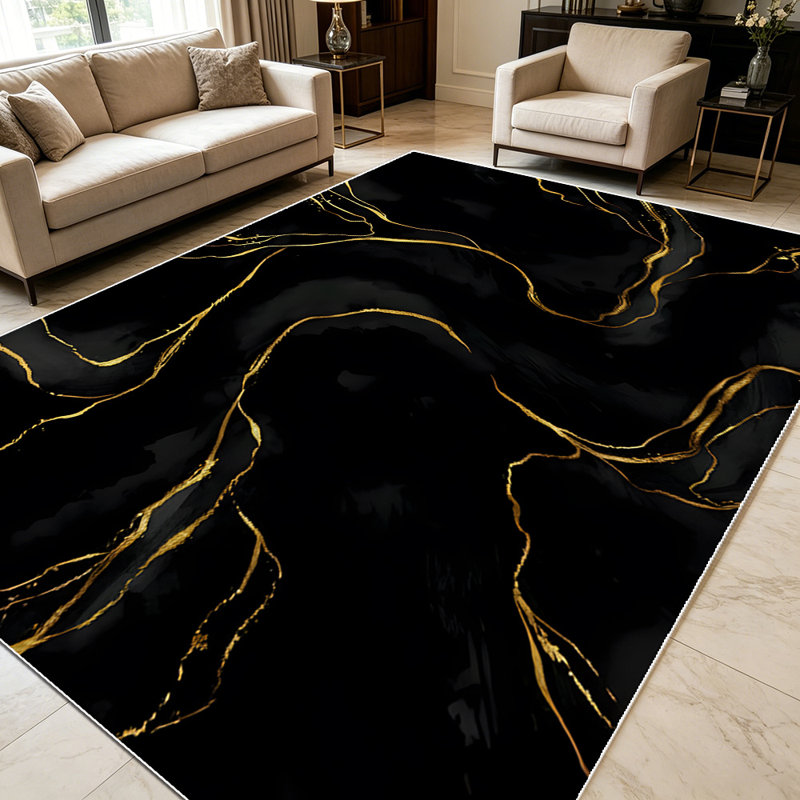 1PC Luxury Black Gold Fluid Marble Abstract area rugs for Living Room, Soft and Comfortable, Suitable for all seasons, easy-to-maintain, machine washable Indoor floor mat, Under Table Farmhouse suitable for dining table, bedroom, kitchen, entryway,
