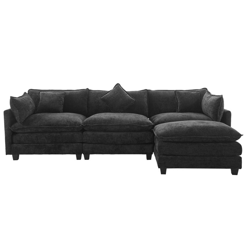 Canapé moderne en L en chenille de 112,2 po pour salon Moderne canapé de luxe avec repose-pieds et 5 coussins pour le salon (SG001160AA), noir