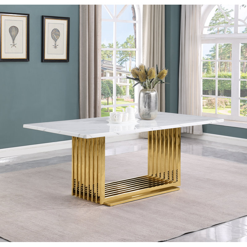 Keera White Marble Dining Table, Gold, 30" H x 79" L x 39.5" W