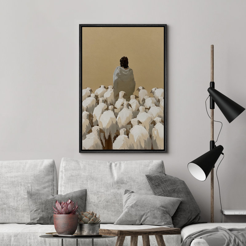 Christ Jésus et les moutons, illustrations rétro, Noir, H 24 po x l 16 po