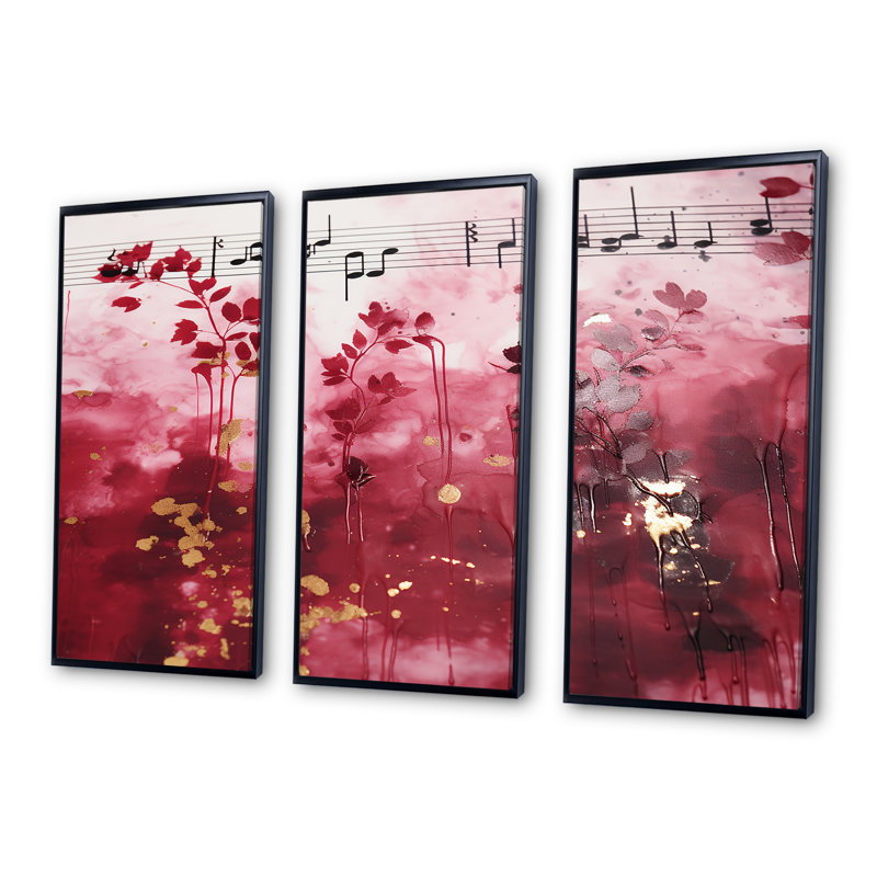 «Pink Music Notes Extravaganza» - musique, art mural, H 28 po x l 36 po x P 1 po, Cadre flottant noir