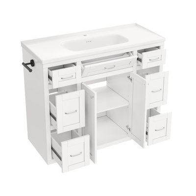Meuble-lavabo blanc de 122 cm avec lavabo en céramique – 6 tiroirs (3 de chaque côté), tiroir central à ouverture latérale, portes doubles à fermeture amortie, porte-serviettes latéral réversible, poignées argentées, MDF