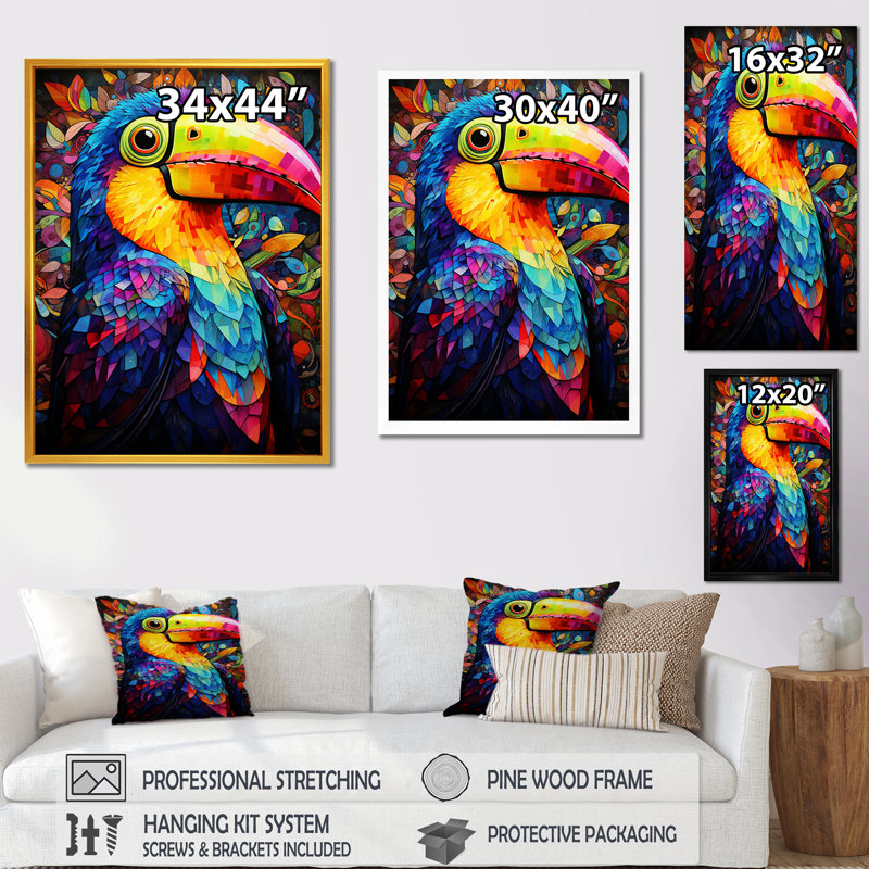 Jaune et bleu, jungle tropicale toucan, art animalier toucan, Cadre doré simple, H 32 po x l 16 po x P 1 po