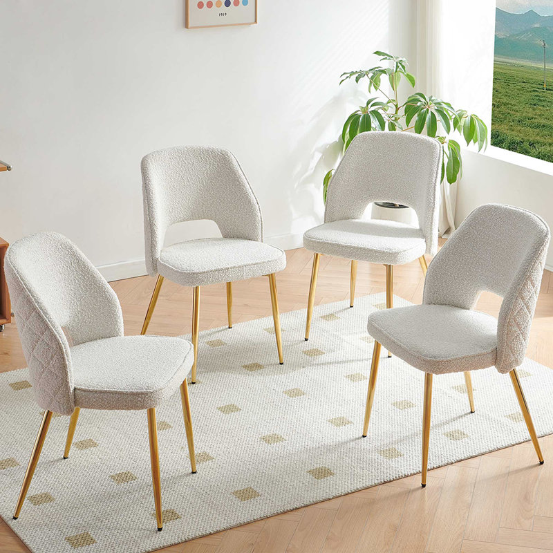 Set of 4 Beige Boucle Upholstered Side Chairs with Gold Metal Legs