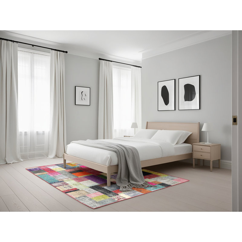 Tapis rouge/brun/bleu zone contemporaine, Rectangle 5 pi x 7 pi