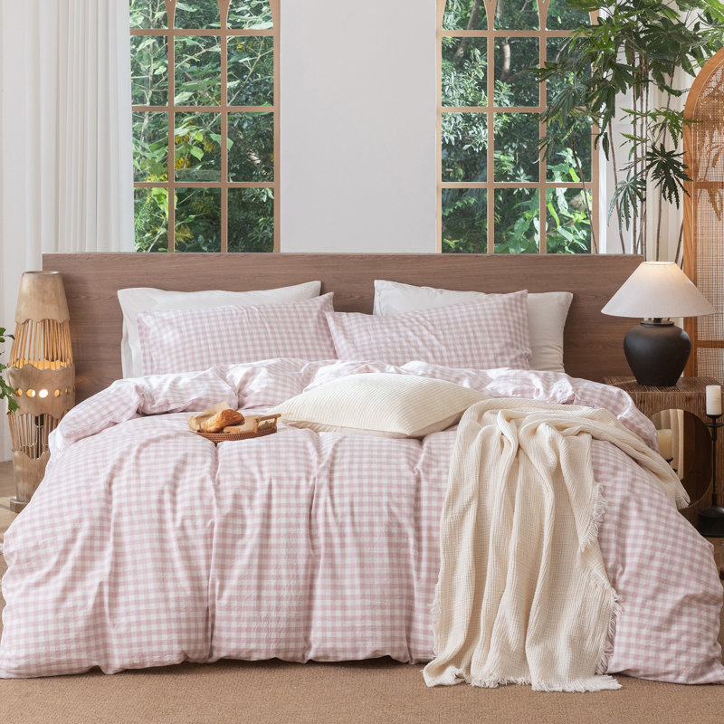 MooMee Gingham Duvet Cover Set 100% Washed Cotton Linen Like Lightweight, King Duvet Cover + 2 King Pillowcases, Grayish Pink