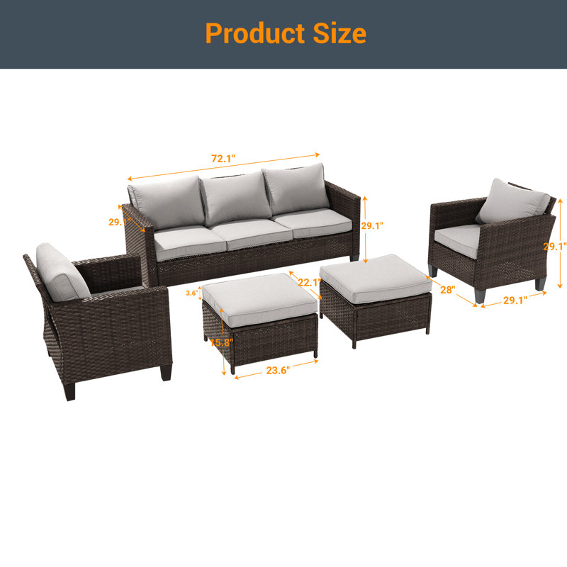 5 - Person Patio Conversation Set with Cushions, Light Gray, Brown