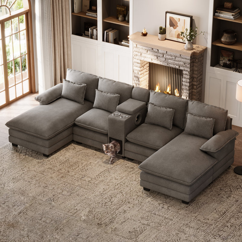 Canapé modulaire modulaire en chenille avec nuage et méridienne, Brown Chenille