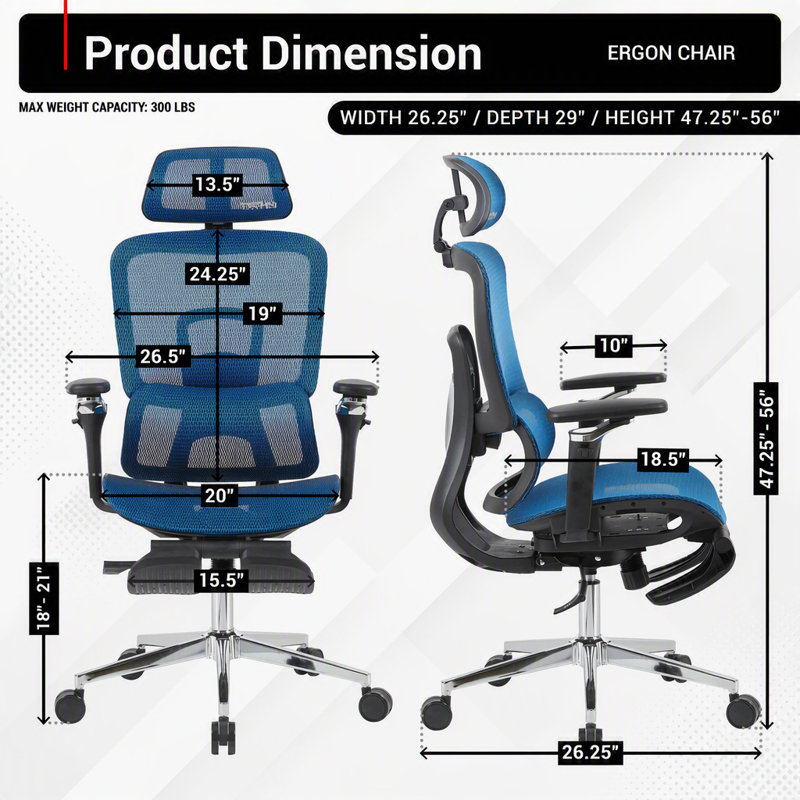 Chaise de bureau ergonomique en filet avec accoudoirs 5D Techni Sport, Bleu, Bleu