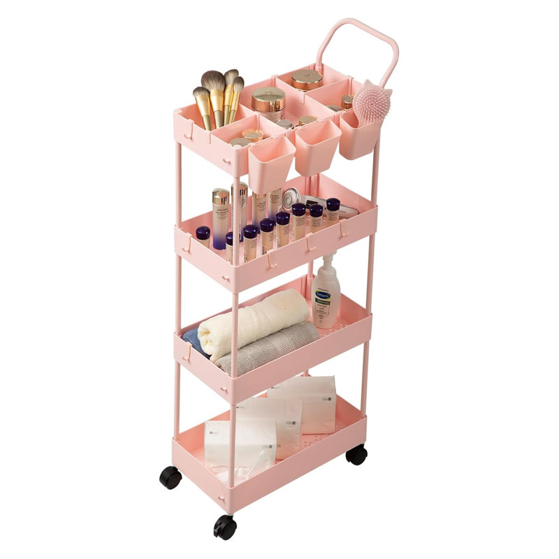 Chariot de rangement mince sur roulettes avec roulettes, organisateur à 4 niveaux avec séparateurs, tasses et crochets suspendus, chariot de salle de bain peu encombrant, assemblage facile