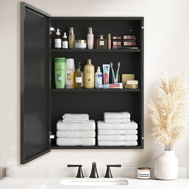 Armoire à pharmacie noire 24 po x 30 po avec cadre en aluminium, armoire à miroir à montage en surface ou encastrée avec grand espace de rangement, organisateur peu encombrant pour articles de toilette de salle de bain