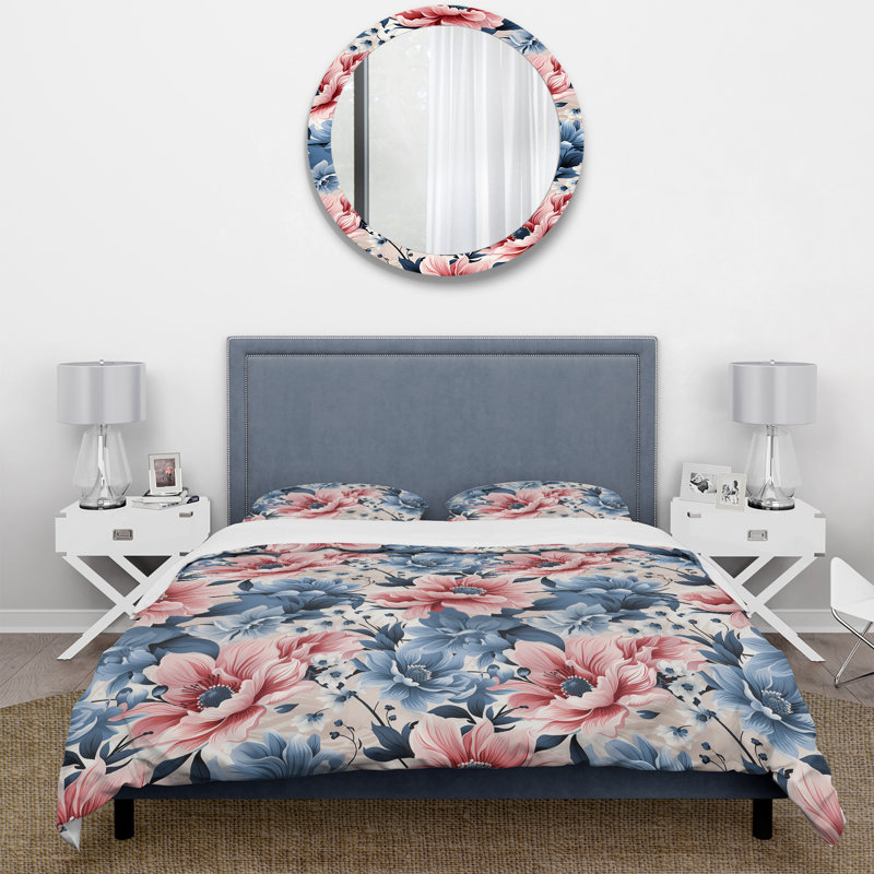 Pink & Blue Gingham Charm Floral Pattern - Ensemble de housse de couette à motif floral