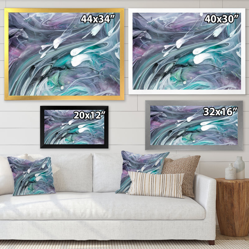 Turquoise et mauve liquide Flow Art II - œuvre d'art moderne sur toile, Impression noire sur toile encadrée