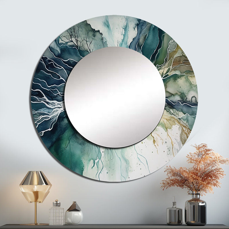 Greidis Green Blue Marbled Dreamscape II - Geometric Large Mirror, Modern Round Unique Wall Mirror Decor, Printed Metal Art