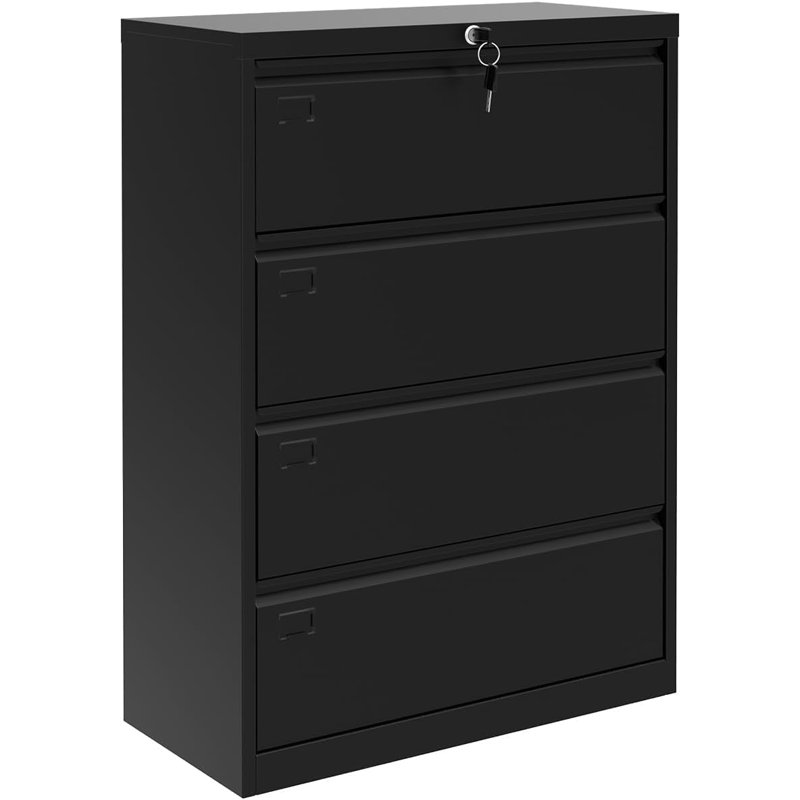 Classeur latéral à 4 tiroirs avec serrure, classeur en acier pour format lettre / légal / a4, rangement de bureau peu encombrant, tiroirs pleine extension lisses, assemblage facile, noir