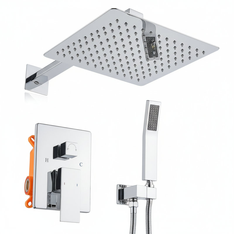 Système de douche de pluie mural moderne en nickel brossé 10 po avec valve à main et laiton, Nickel brossé