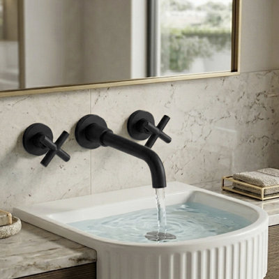 TJAB1905 2 Handle Wall Mount Bathroom Faucet in Matte Black