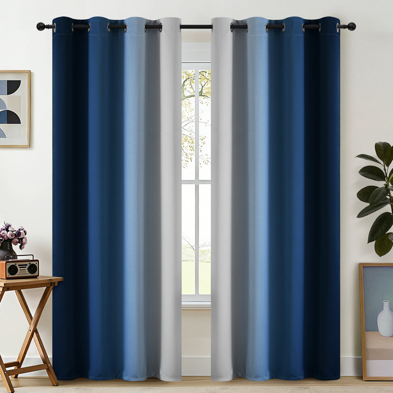 Ombre Blue Blackout Thermal Insulated Curtains, Grommet Top Gradient Window Drapes 2 Panels, 52" W x 84" L