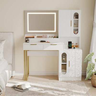 Fluted Vanity with Mirror and Lights, Wooden Vanity Desk, Makeup Table with Charging Station, Drawers & Storage Cabinets