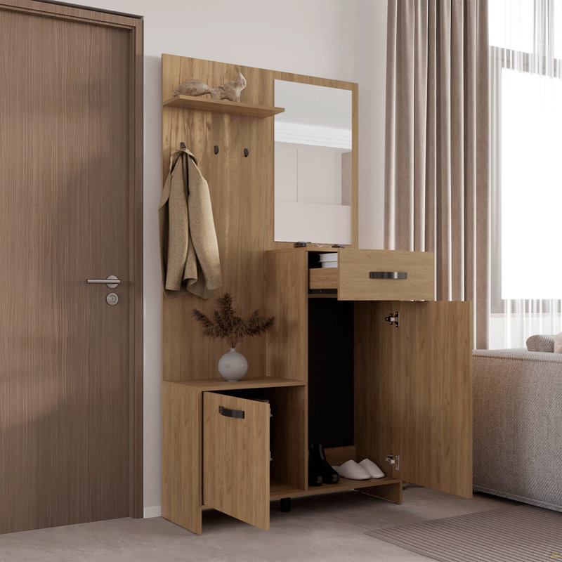 Hall Tree, 2 Doors, 1 Drawer, 1 Shelf, 1 Mirror