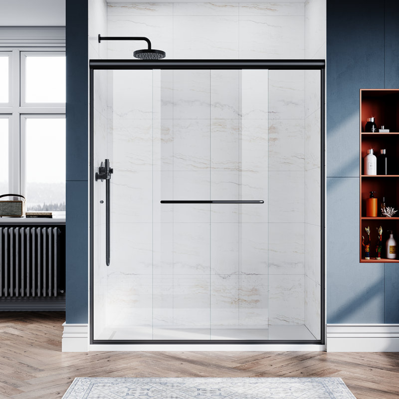 57.5" 60"W X 72"H Semi-Frameless Sliding Shower Door, Black