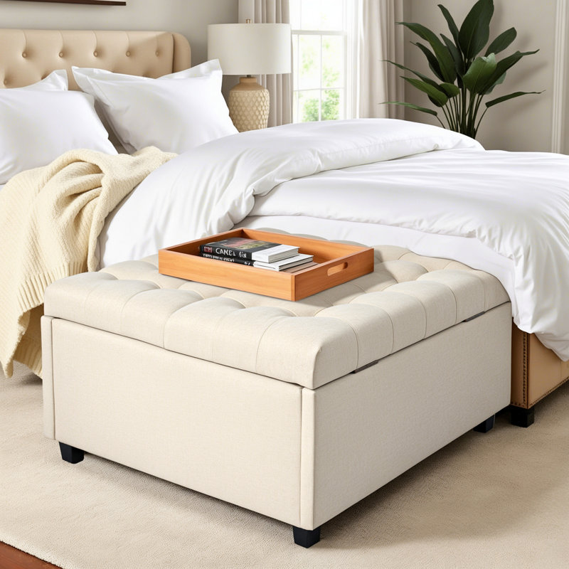 Beige Tufted Linen Storage Ottoman, 31.29" Square Upholstered Coffee Table Bench with Hidden Storage for Living Room