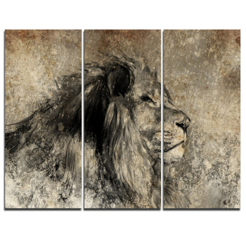 Lion en sépia-3 pièces, ensemble de 3 impressions sur toiles tendues