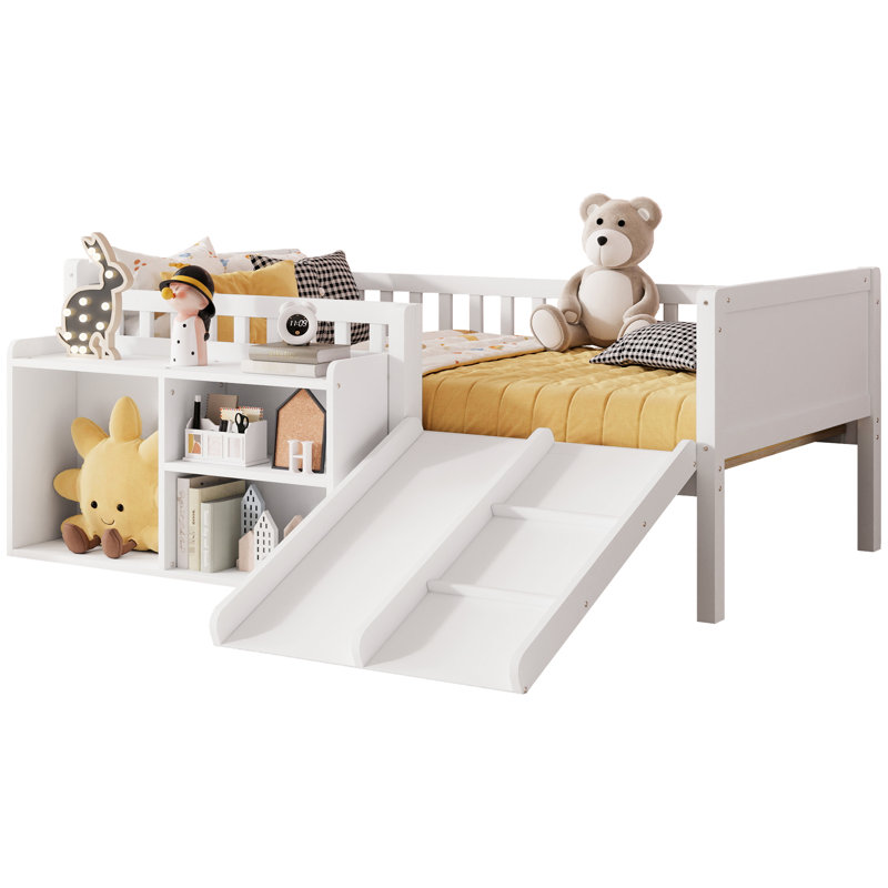 Structure de lit mezzanine basse pour lit simple, glissière, bibliothèque mobile, garde-corps, rangement de chambre à coucher de couleur blanche, conception épurée et simple
