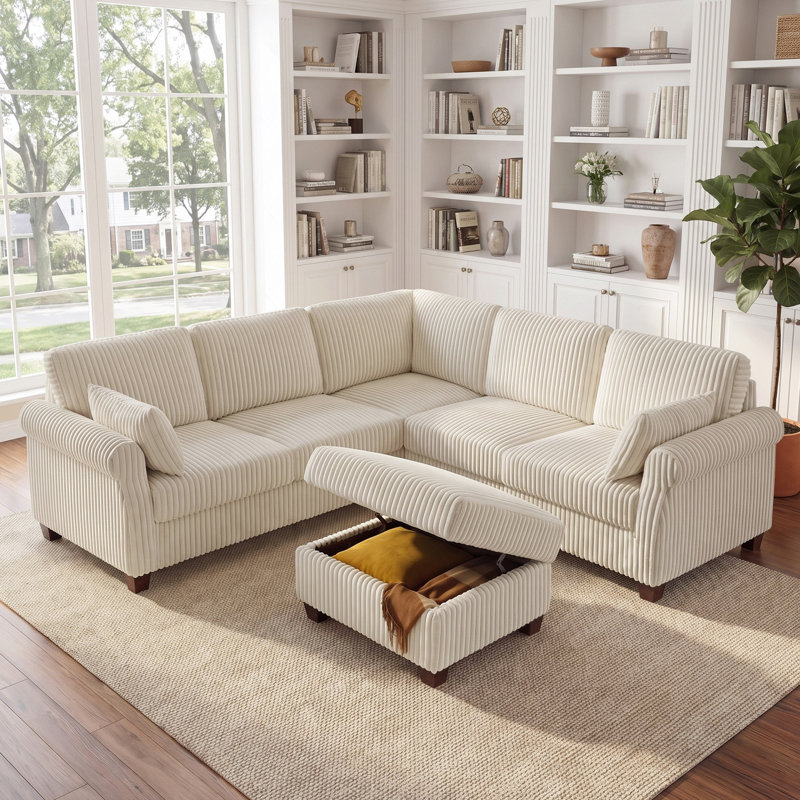 90.55’’ Upholstered Sofa With Storage Ottoman, Beige  Polyester