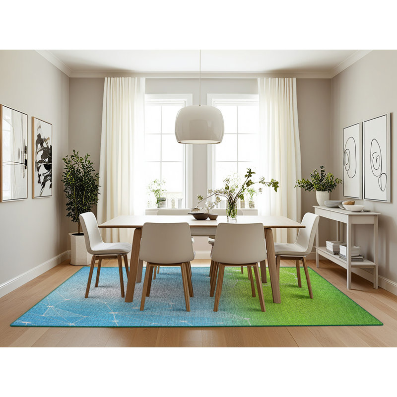 Tapis bleu/vert à motifs, Rectangle 7 pi x 10 pi