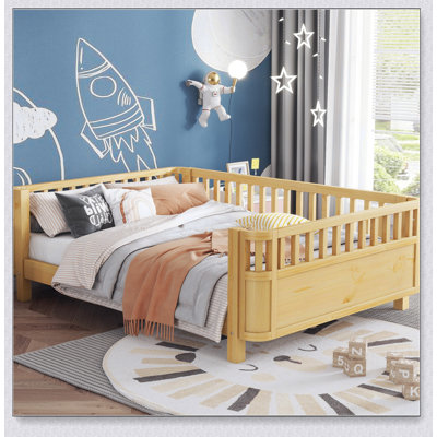 Full Size Wood Platform Bed for Kids, Low Profile Design with Safety Guardrails, Natural Finish