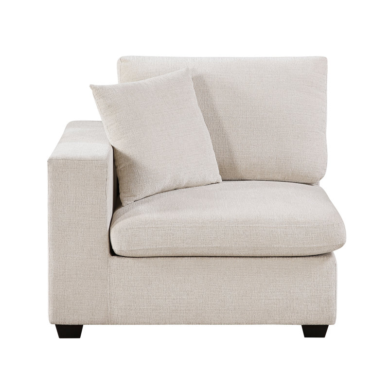 Chaise modulaire contemporaine en chenille beige à un bras avec coussins réversibles et coussin de rangement