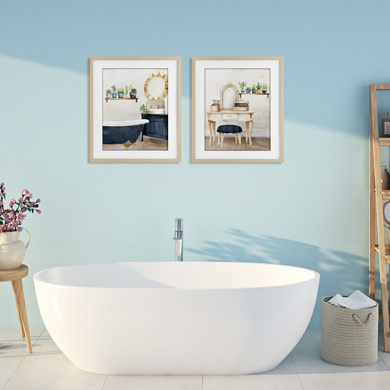 Ensemble de salle de bain sous-verre 2 pièces, par Kim Allen, Cadre de récolte en pin, H 21 po x l 17 po