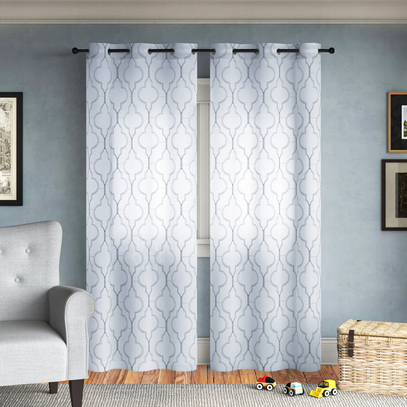Cariss Geometric Sheer Curtain Panels, Stone Blue, 38" W x 84" L