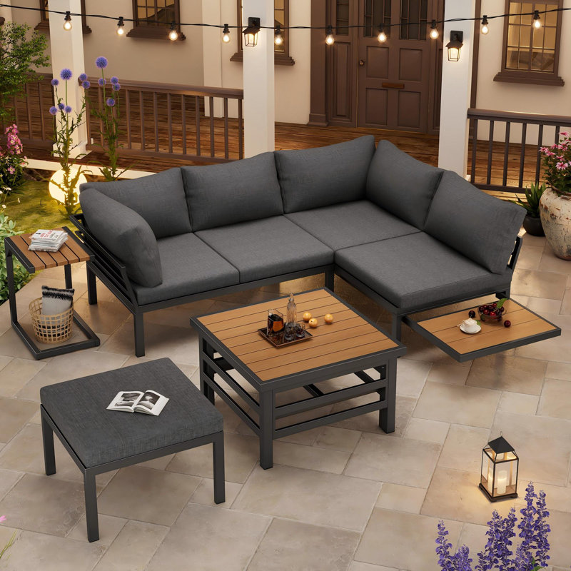 Outdoor Conversation Set 6 Places With 2 Sofas, 1 Stool And 1 Lift-Top Coffee Table Grey