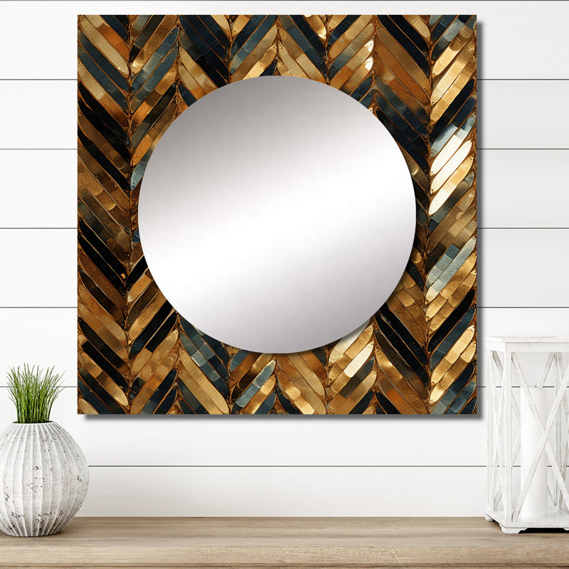 Or et noir doré chevron Reverie - miroir mural carré moderne pour la chambre à coucher, 23 po x 23 po