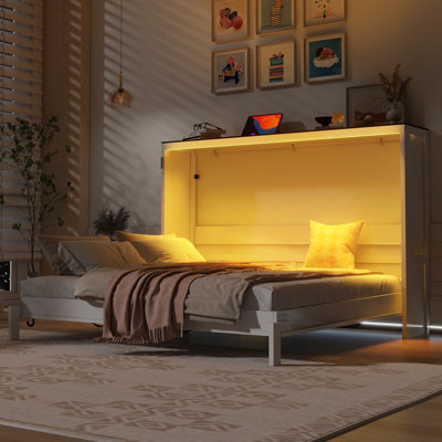 Full Size Murphy Bed with LED Light, Foldable Hidden Wall Bed Cabinet, White + Brown